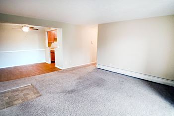 A room with a carpeted floor and a ceiling fan.